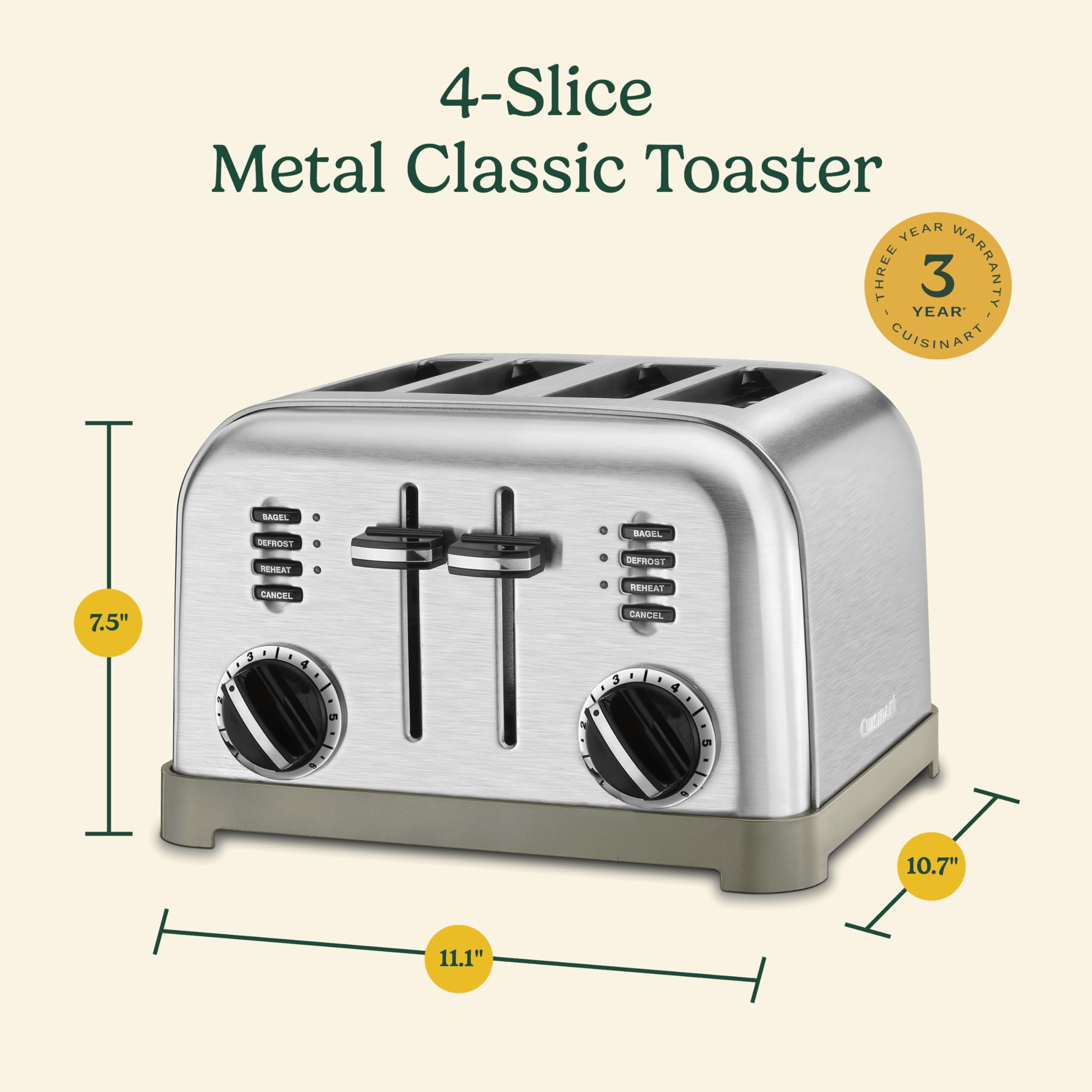 Cuisinart 4 Slice Compact Stainless Steel Toaster with Extra-Wide Slots for Bread, French Toast, Bagels & Pastries, Defrost & Reheat Functions, CPT-180P1, Brushed Stainless, Removable Crumb Tray - Image 7