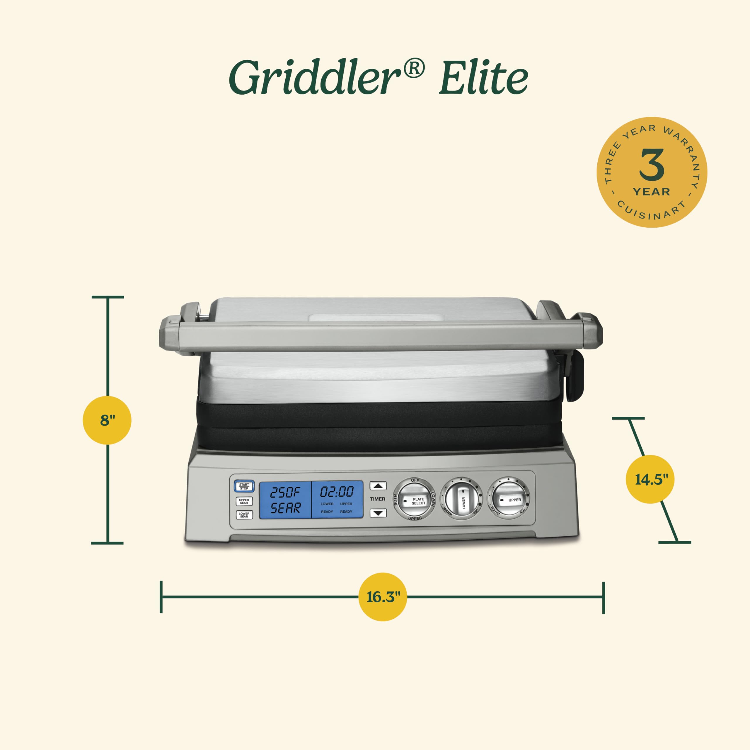 Cuisinart 6-in-1 Elite Griddler, Electric Grill, Griddle & Top Melt, 500°F Temperature Sear Function, LCD Screen, Dishwasher-Safe Cooking Plates, GR-300WSP1, Stainless Steel - Image 6