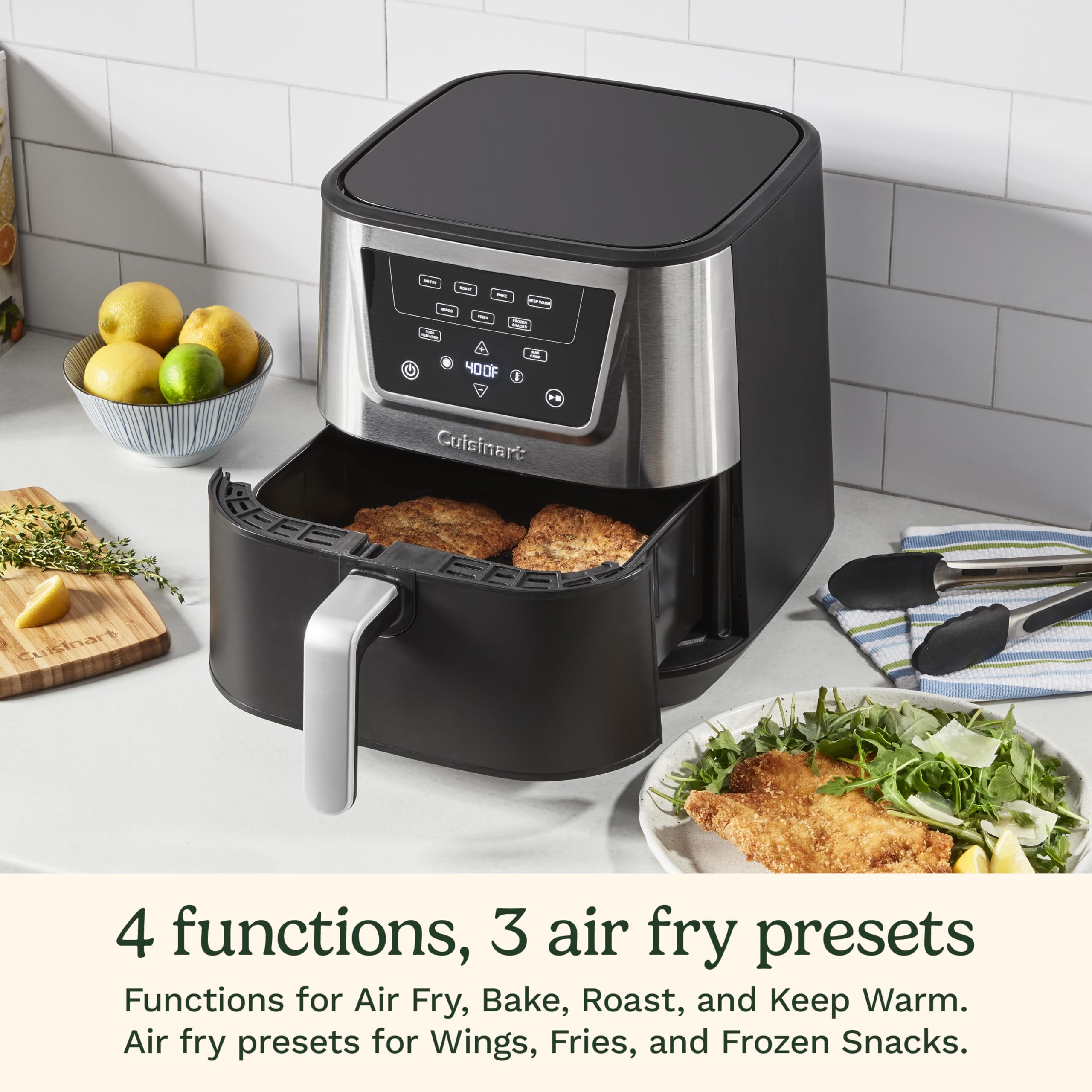 Cuisinart Air Fryer, Large 6-Quart Basket with 4 Cooking Functions to Air Fry, Bake, Roast, and Keep Warm, 3 Presets, PFAS-Free, Dishwasher-Safe Parts, AIR-180, Black & Stainless Steel - Image 3