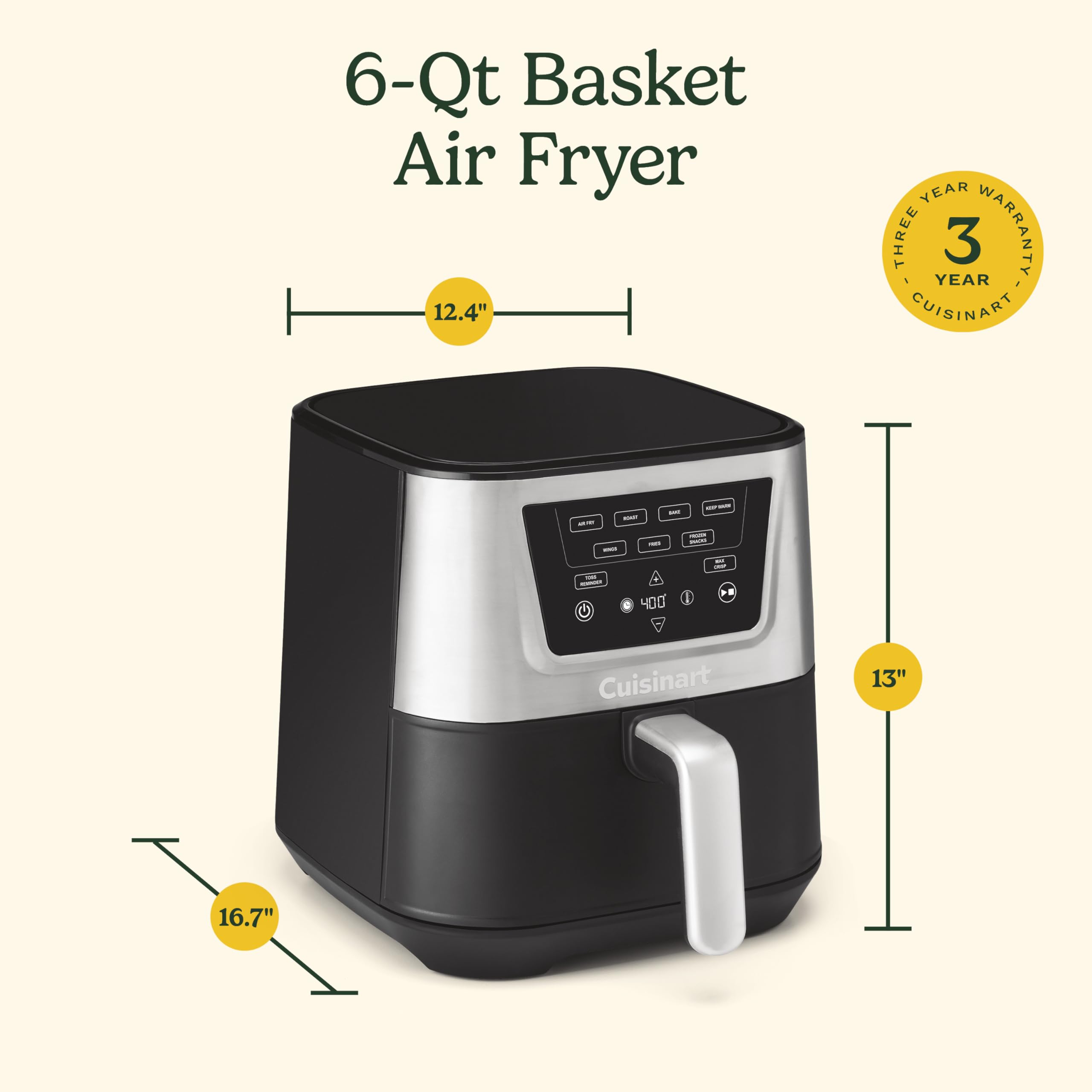 Cuisinart Air Fryer, Large 6-Quart Basket with 4 Cooking Functions to Air Fry, Bake, Roast, and Keep Warm, 3 Presets, PFAS-Free, Dishwasher-Safe Parts, AIR-180, Black & Stainless Steel - Image 7