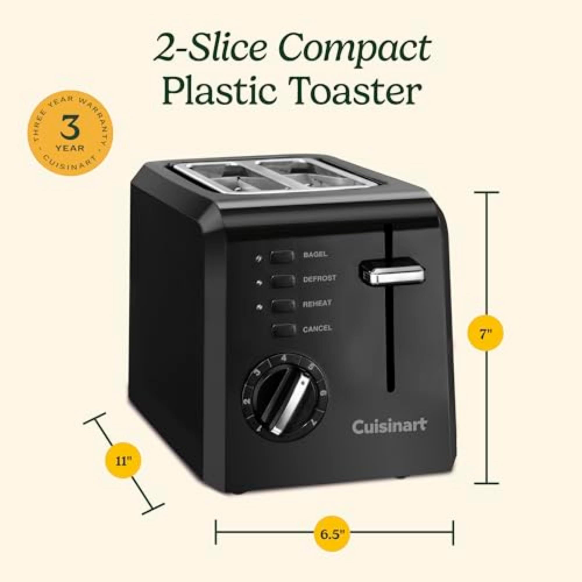 Cuisinart CPT-122BK 2-Slice Compact Plastic Toaster, Slots for Bagels & Bread, 7 Shade Settings, Cancel/Defrost/Reheat Functions, Removable Crumb Tray, Small Kitchen Appliance for Home & Office, Black - Image 6