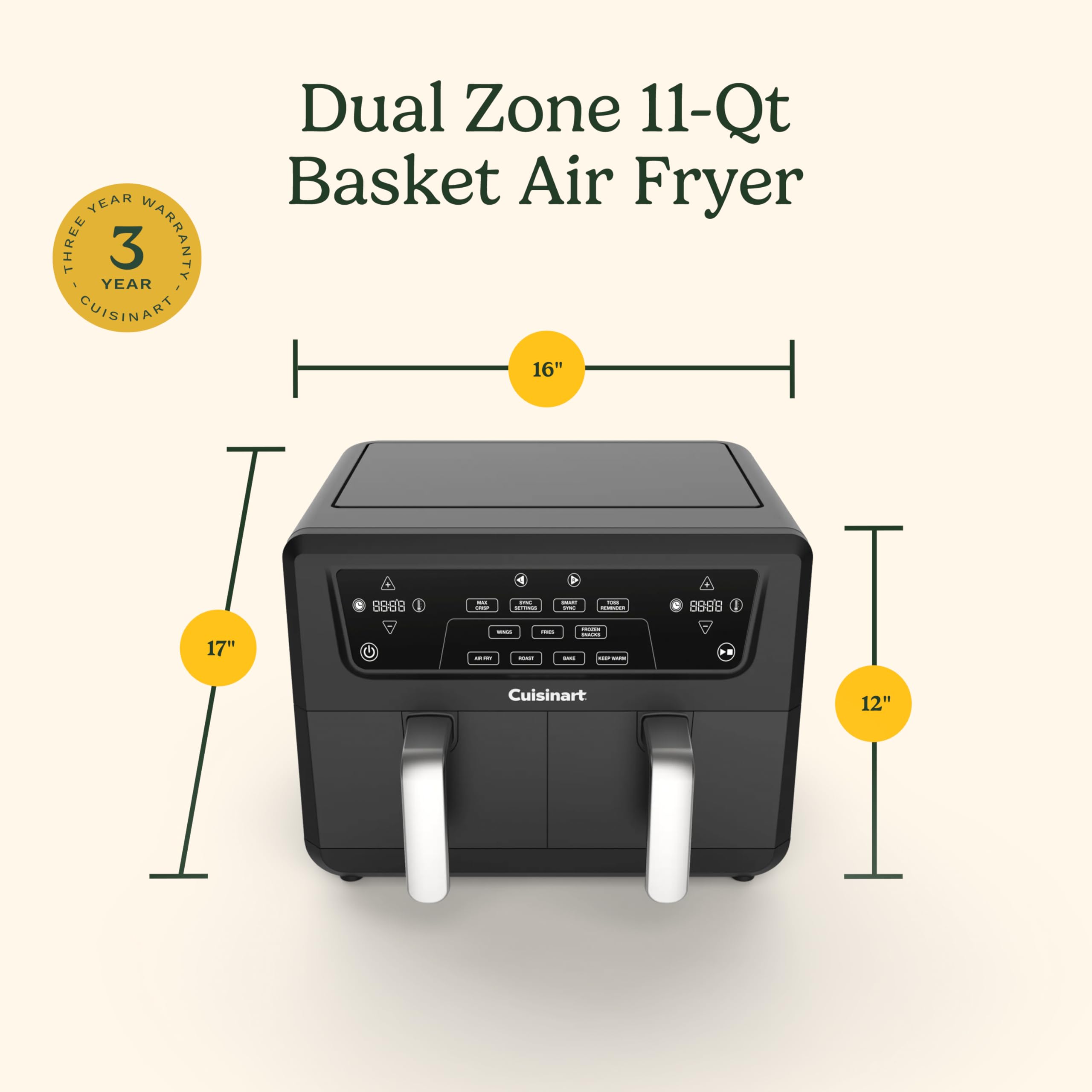 Cuisinart Dual Basket Air Fryer, Two Baskets Totals 11 QT, 4 Function Air Fryer to Air Fry, Roast, Bake & Keep Warm, Features Sync Finish & Settings, Toss Reminder, Automatic Warm Mode & Auto-Pause - Image 5