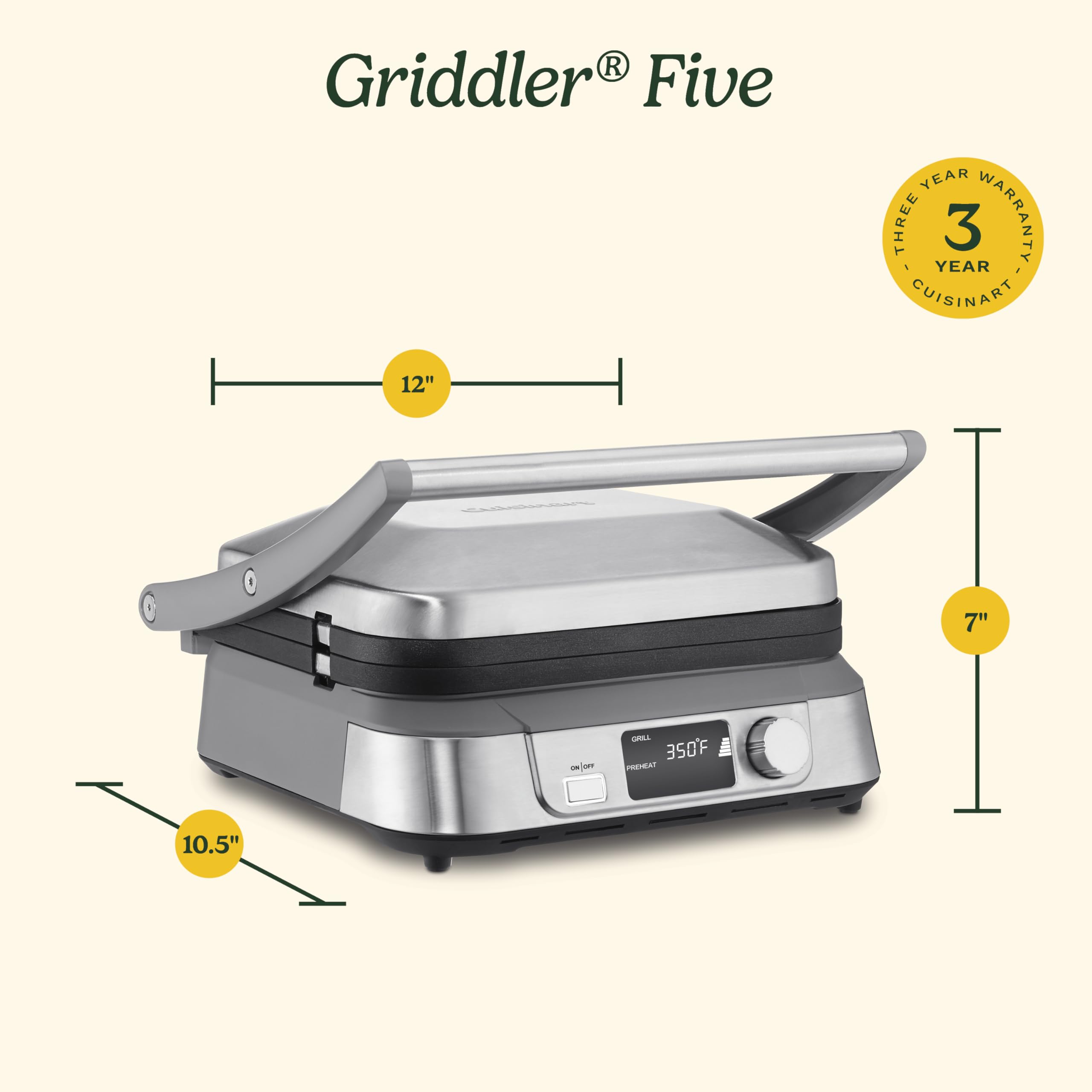 Cuisinart Electric Griddler FIVE Countertop Grill, Enjoy 5-in-1 Functions Including Panini Press, LCD Display, Wide Temperature Range, and Sear Function, Nonstick Plates, GR-5NAS, Stainless Steel - Image 6