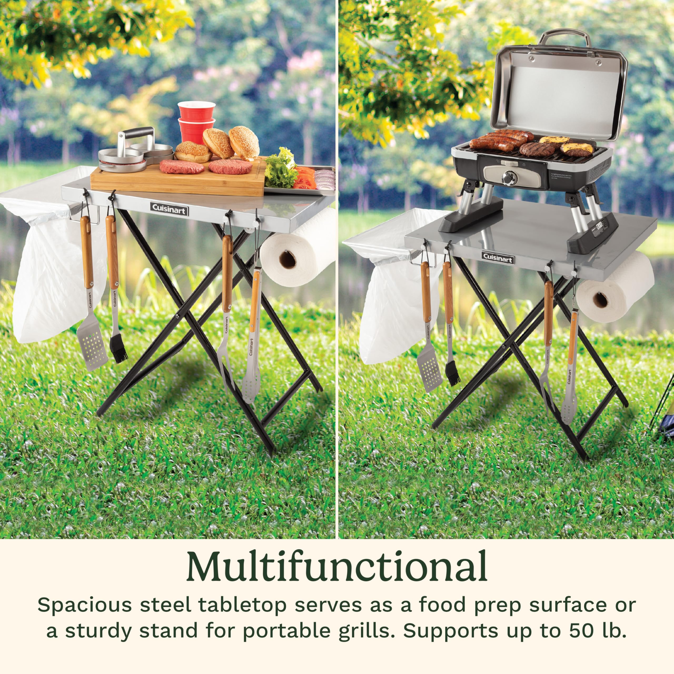 Cuisinart Fold ‘n Go Prep Table, Portable Folding Table and Grill Stand with Tool hooks, Trash Bag Holder, Paper Towel Rack, 24” x 20” Steel Food Prep Station Perfect for BBQs, Tailgates and Camping - Image 4