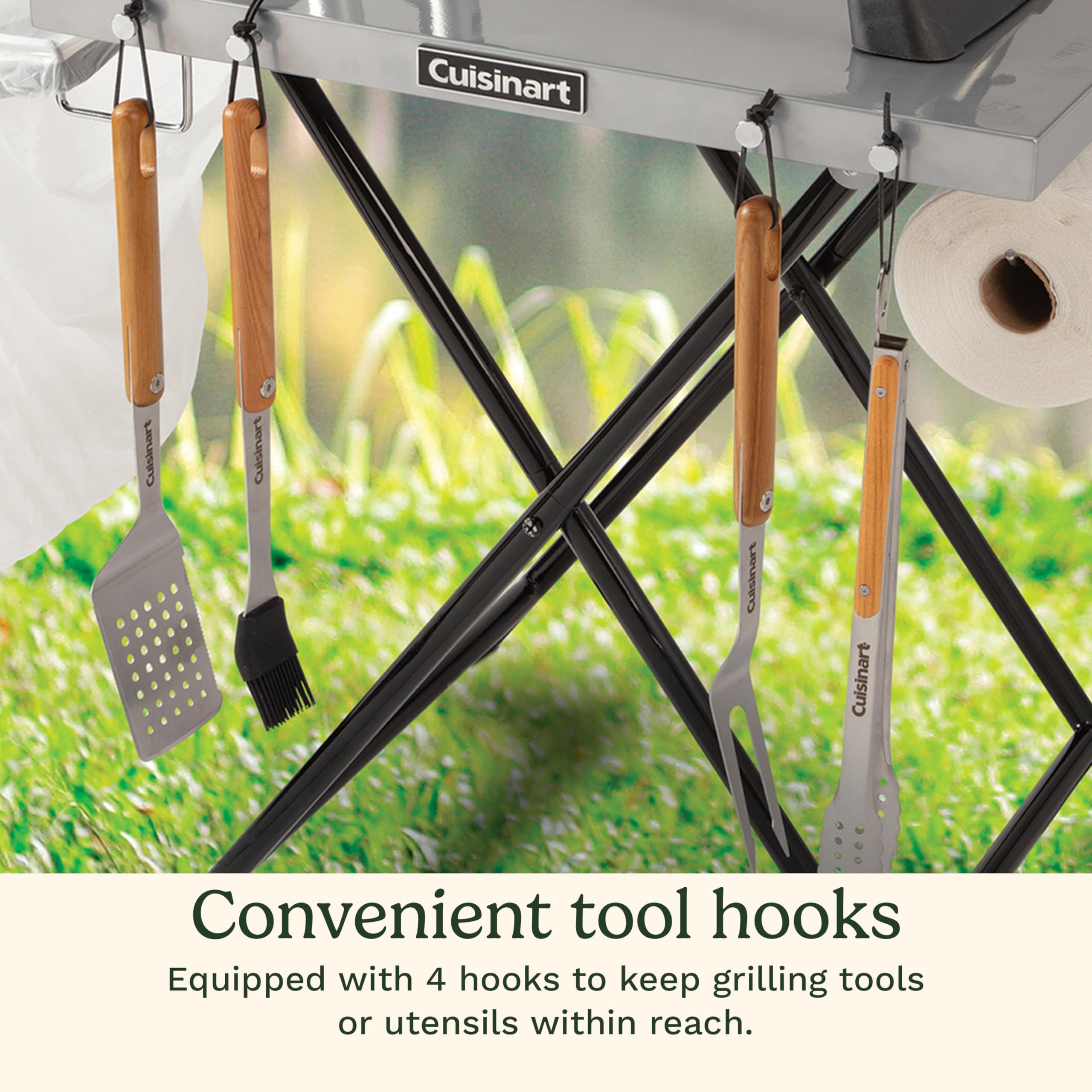 Cuisinart Fold ‘n Go Prep Table, Portable Folding Table and Grill Stand with Tool hooks, Trash Bag Holder, Paper Towel Rack, 24” x 20” Steel Food Prep Station Perfect for BBQs, Tailgates and Camping - Image 6