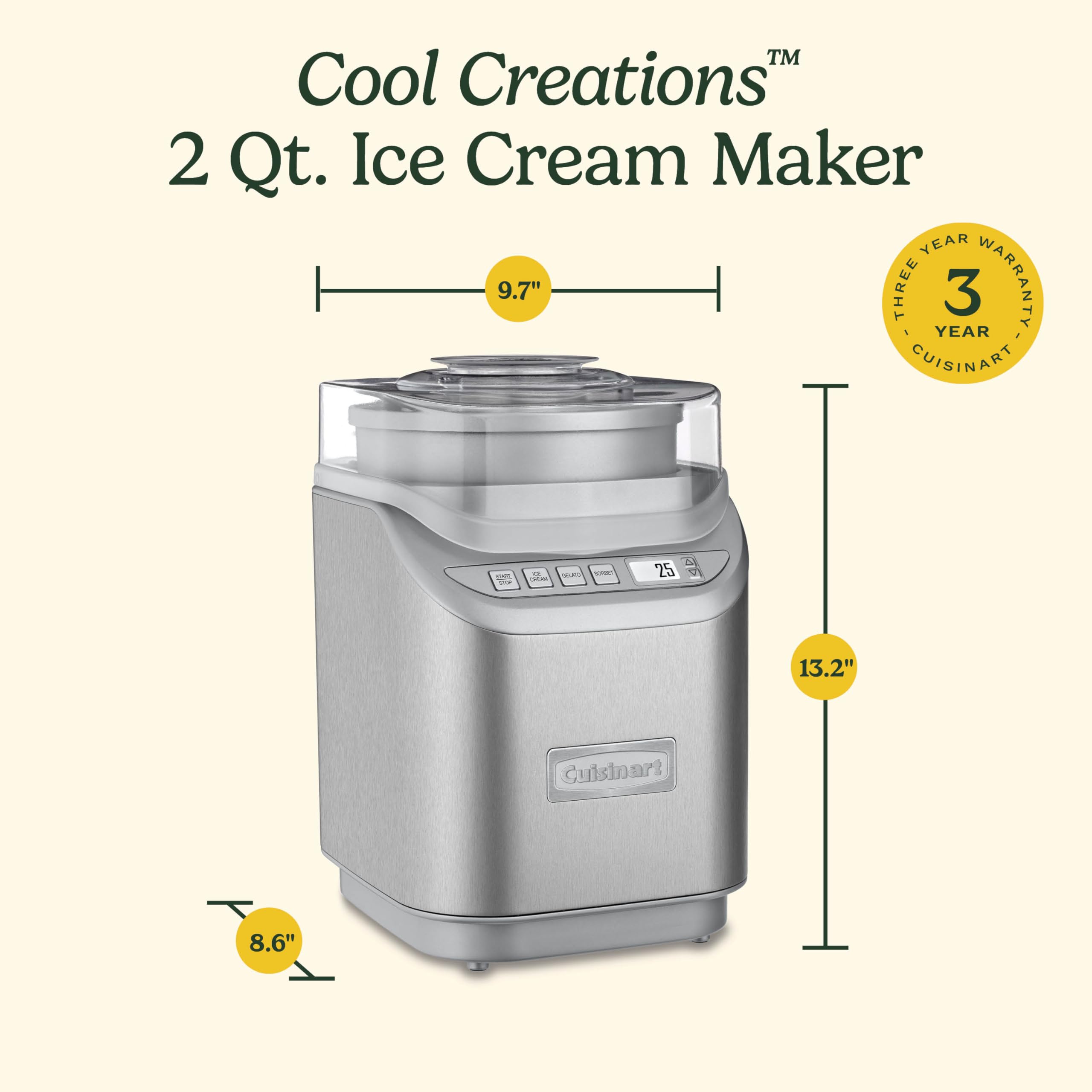 Cuisinart Ice Cream Maker Machine, 2-Quart Stainless Steel Frozen Yogurt, Gelato, Sorbet, Ready in 20 Minutes, LCD Screen and Timer, ICE-70P1 - Image 6