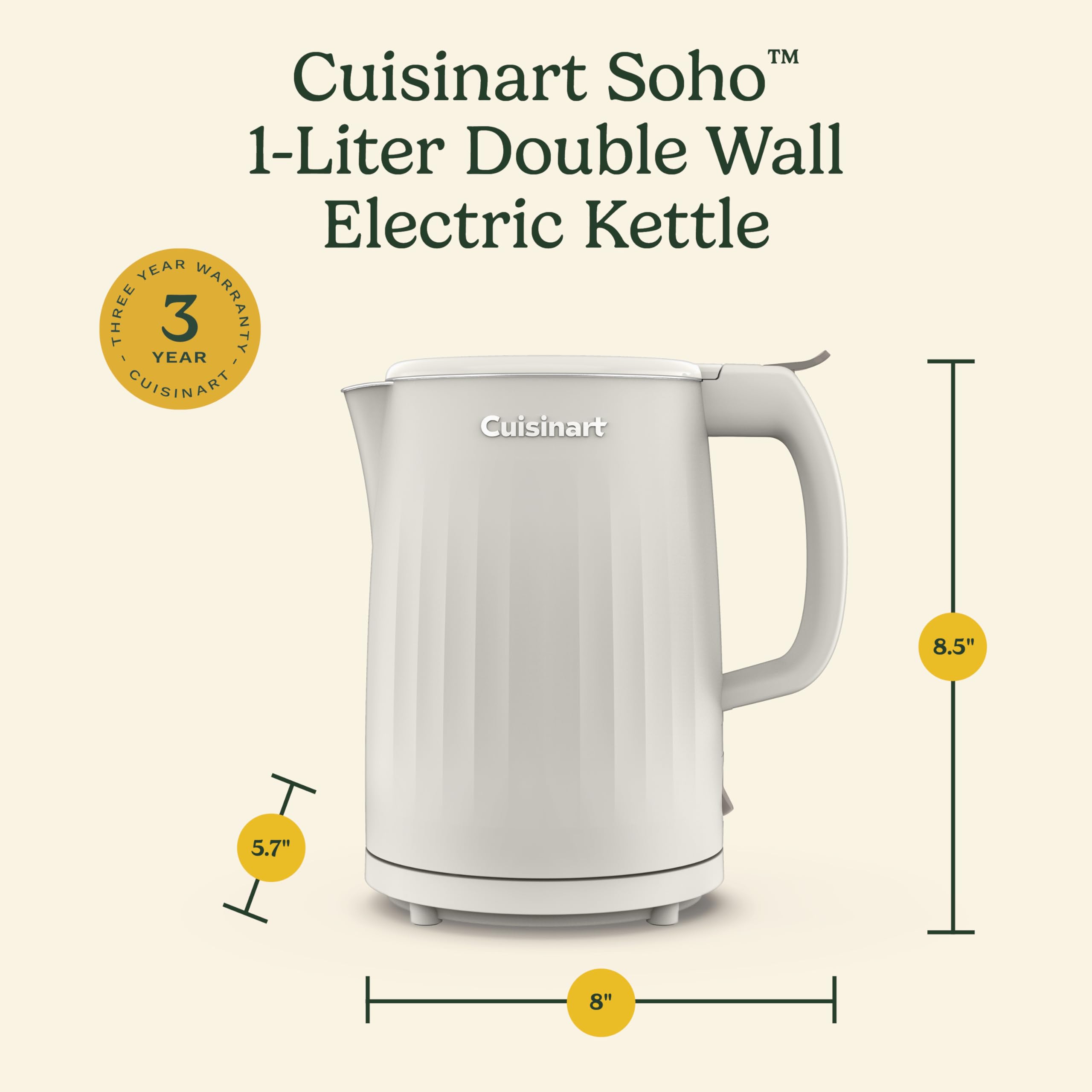 Cuisinart Soho 1-Liter Double Wall Electric Hot Water Kettle, Tea Kettle with Stainless Steel Interior, One Touch Operation to Boil Water for Tea, Hot Cocoa, or Instant Oatmeal, CK-10TR, Truffle - Image 8