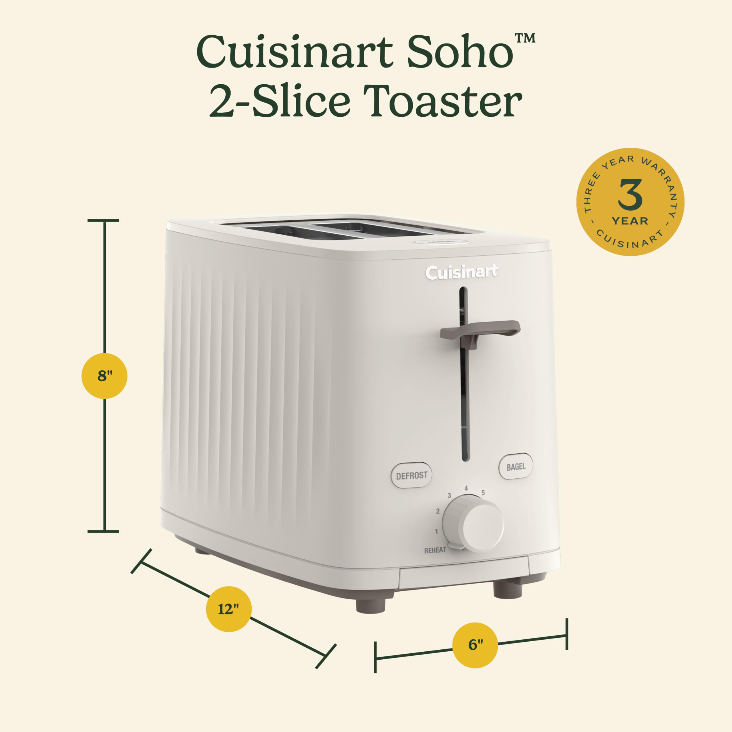 Cuisinart Soho™ Collection 2-Slice Toaster, 7 Toaster Setting, Defrost, Reheat, and Bagel Setting, Convenient Rear Cord Storage, Truffle, CPT-7TR - Image 6