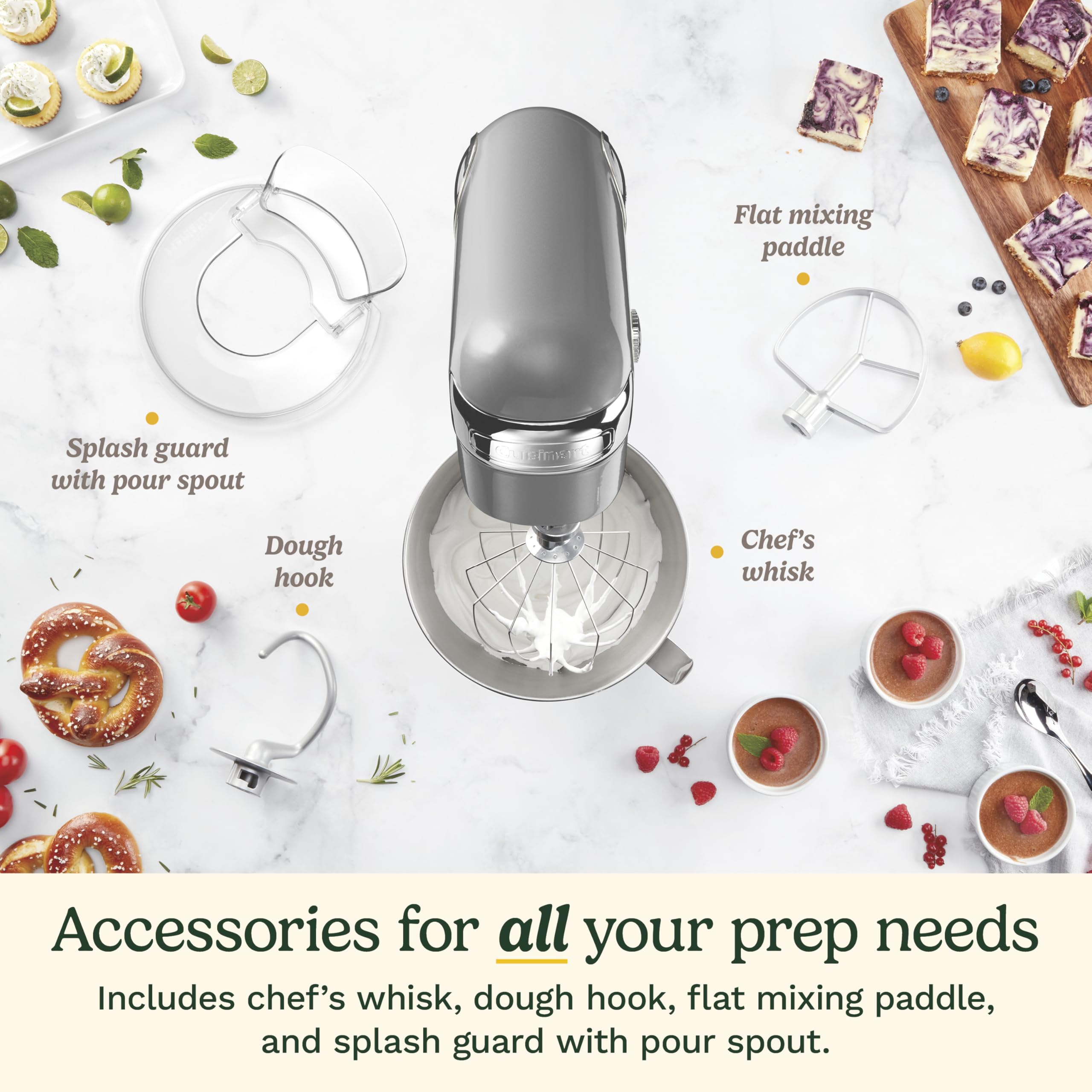 Cuisinart Stand Mixer, 12 Speeds, 5.5-Quart Mixing Bowl, Chef's Whisk, Flat Mixing Paddle, Dough Hook, and Splash Guard with Pour Spout, Silver Lining, SM-50BCNAS, Silver Lining - Image 4