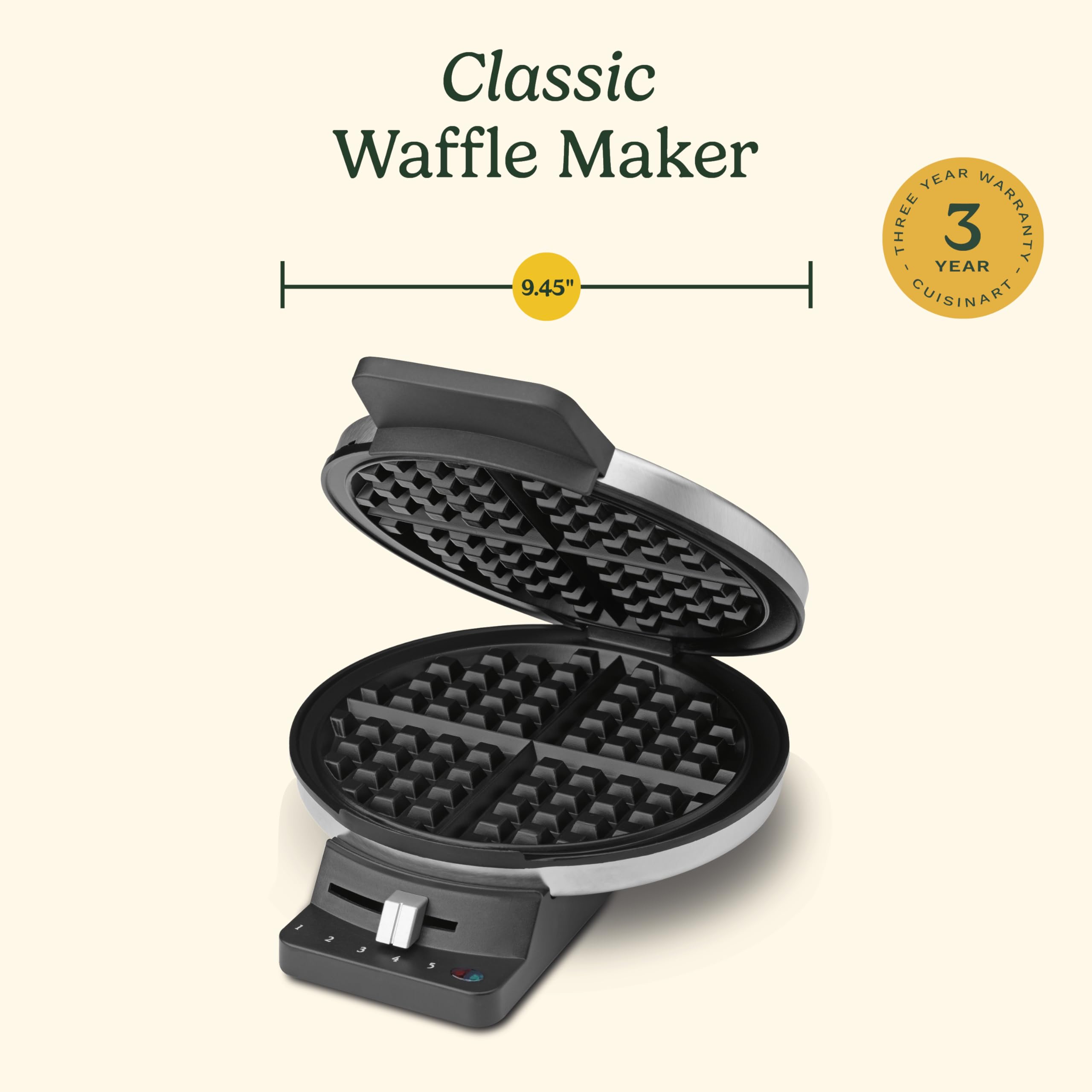 Cuisinart Waffle Maker, 1250W Round Classic Waffle Iron, 5-Setting Adjustable Browning Control, WMR-CANAS, Brushed Stainless - Image 7