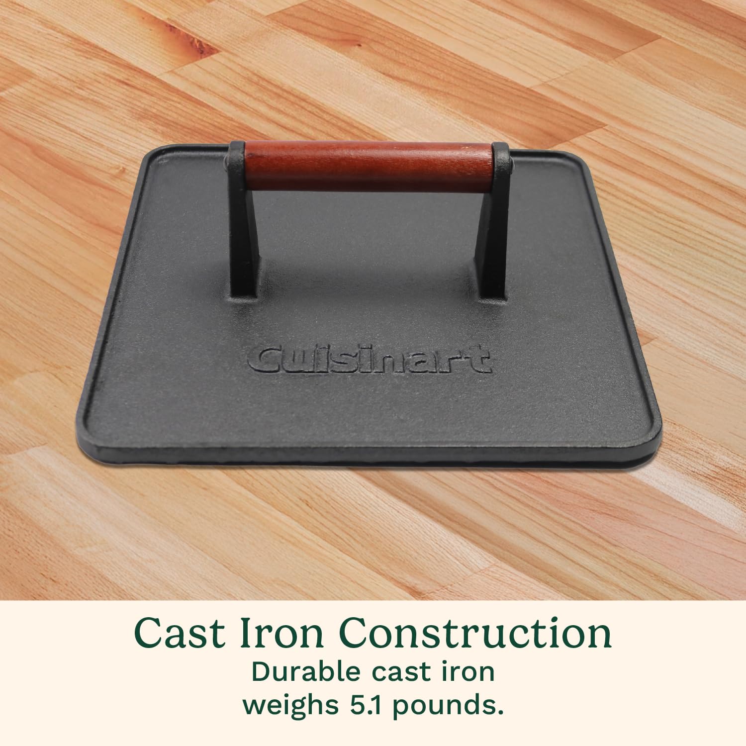 Cuisinart XL Cast Iron Grill Press, 10" x 10" Heavy-Duty Nonstick Smash Burger Steak Press with Wooden Handle, Perfect Grill Accessory Ideal for Grilling, Paninis, and BBQs - Image 3