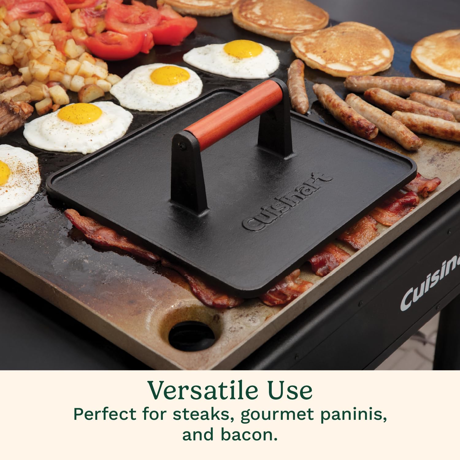Cuisinart XL Cast Iron Grill Press, 10" x 10" Heavy-Duty Nonstick Smash Burger Steak Press with Wooden Handle, Perfect Grill Accessory Ideal for Grilling, Paninis, and BBQs - Image 4